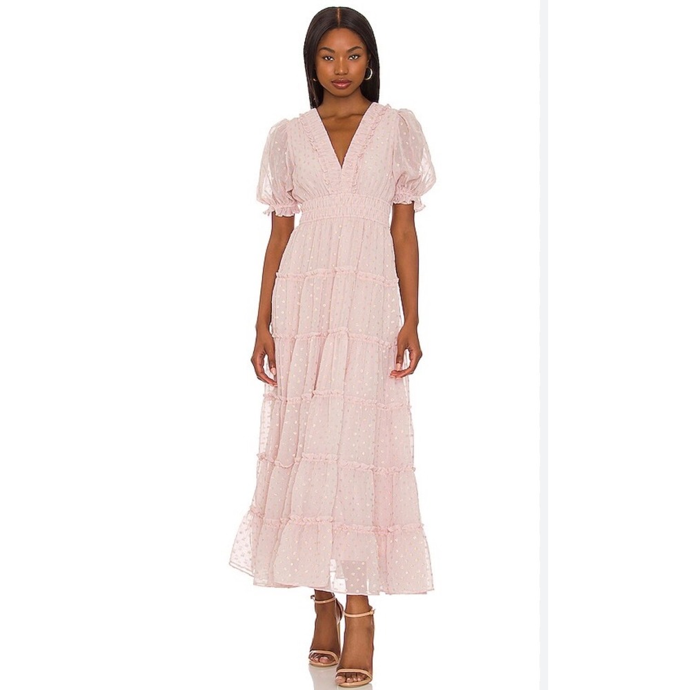 Yumi Kim Farrah Dress Pink Gold Glitter Dot Foil Ruffle Tiered Maxi XS NEW